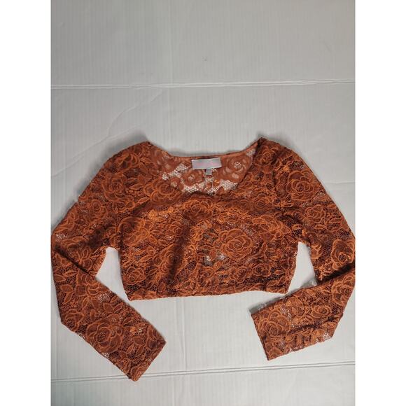 NWT Pretty Angel Lace Cropped Top Women S/M Long Sleeve Orange Rust Boho Sheer - Picture 1 of 9